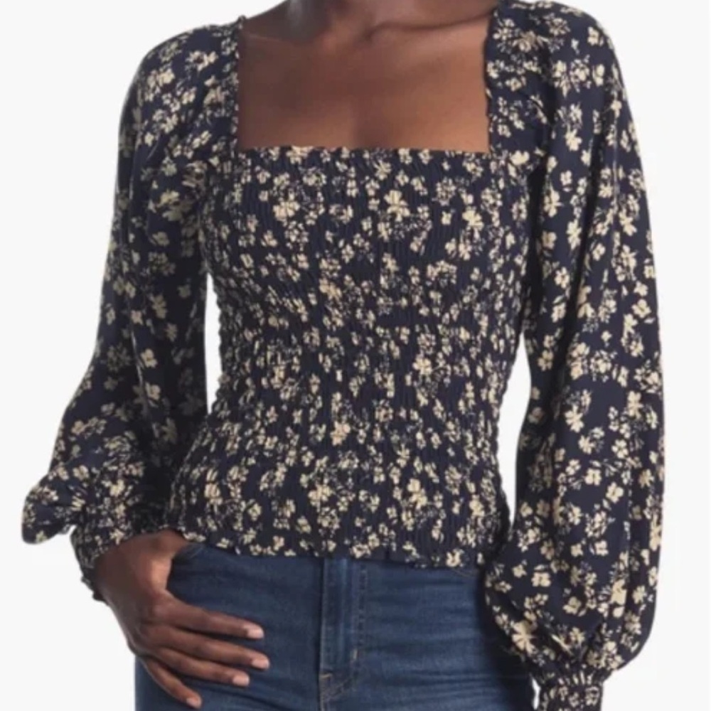 La Ligne NEW Eloise Smocked Square-Neck Blouse- Navy